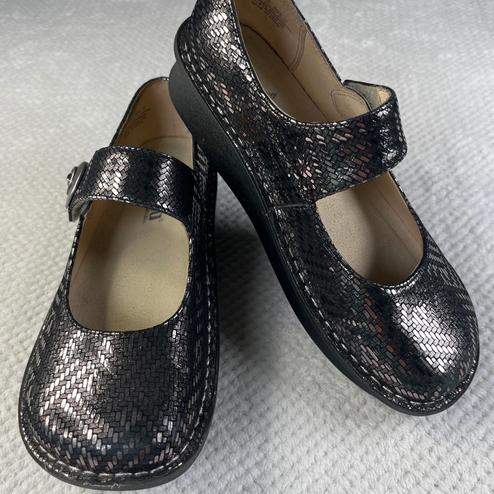 Alegria Paloma Metallic Pewter Woven Leather Mary Jane Clogs Shoes Size‎ 37